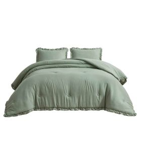 Full Size Sage Green Microfiber 3-Piece Comforter Set with Ruffled Edge Trim