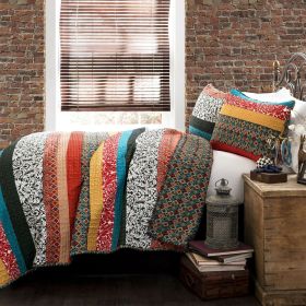 King size 3-Piece Quilt Set in Modern Colorful Stripe Geometric Floral Pattern