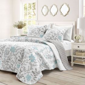 King Size Blue Grey Floral Lightweight Thin Polyester Fabric 3-Piece Quilt Set