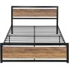 Queen Metal Platform Bed Frame with Brown Wood Panel Headboard and Footboard