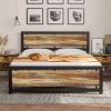 Full size Industrial Platform Bed Frame with Wood Panel Headboard Footboard