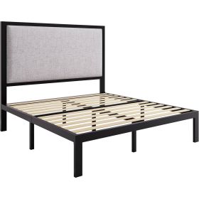 Full size Black Metal Platform Bed Frame with Grey Linen Upholstered Headboard