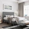 King Size Dark Grey Linen Upholstered Platform Bed with Button-Tufted Headboard