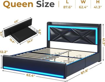 Queen Bed Frame with Stoarge Drawers and LED Lights, Upholstered Platform Bed with Type-C & USB Charging Station (Color: Pu Black)