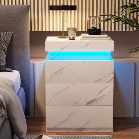 Nightstand with Charging Station and LED Lights,Night Stand with Sliding Top,Bedside Table with Drawers,Modern End Side Table (Color: White Marble)