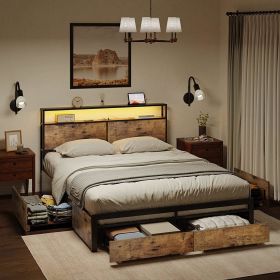 Queen Bed Frame with Storage Headboard and 4 Drawers LED Lights Metal Platform Non-Slip without Noise No Box Spring Needed (Color: Rustic Brown, size: Full)