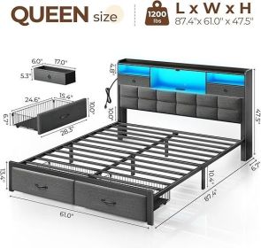 Bed Frame Queen Size with Drawers and Charging Station, Upholstered Platform Bed with Storage Headboard and LED Light,Bed Frames (Color: Grey-Queen)