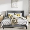 King Size Upholstered Linen Blend Headboard Wingback Platform Bed