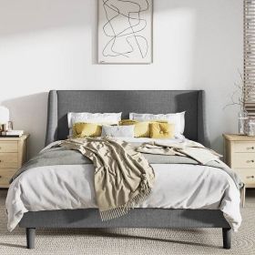 King Size Upholstered Linen Blend Headboard Wingback Platform Bed (Color: grey)