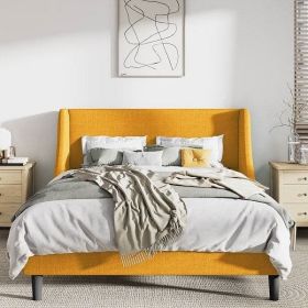 King Size Upholstered Linen Blend Headboard Wingback Platform Bed (Color: Yellow)